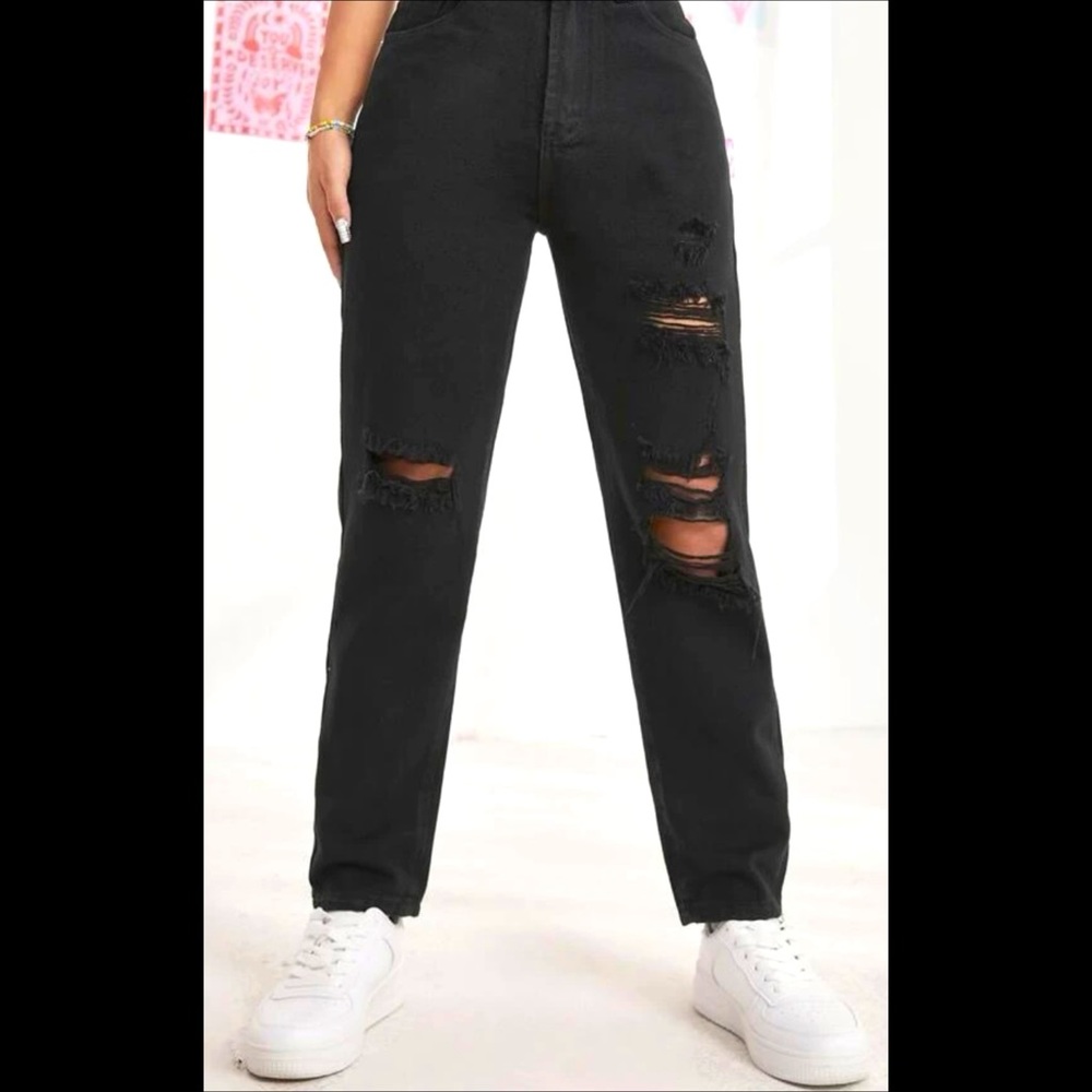 high waisted distressed mom jean